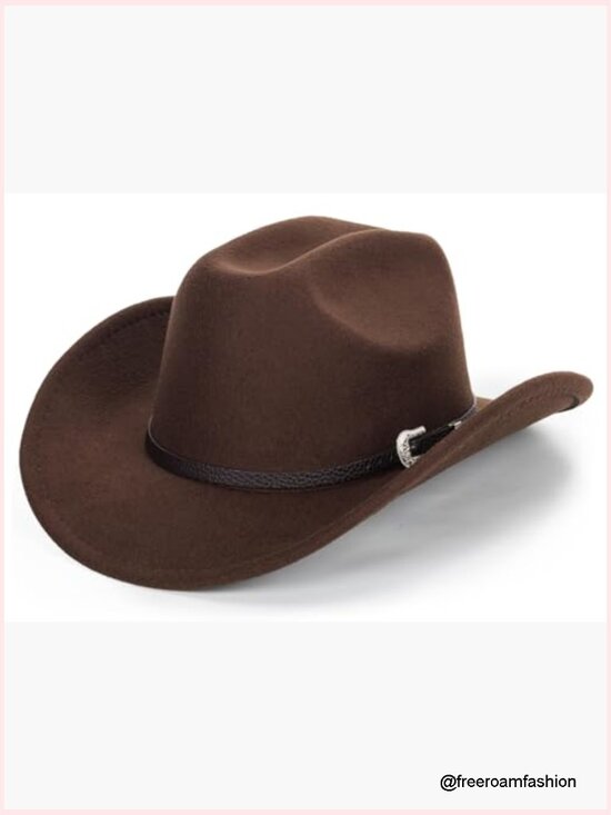 Classic Felt Cowboy Hat with Buckle Belt, Wide Brim, Adjustable